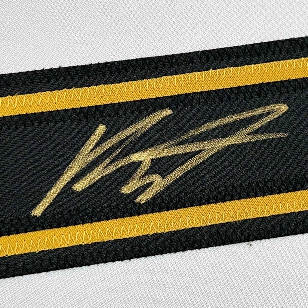 Framed Autographed/Signed Kirill Kaprizov 35x39 Minnesota White/Gold Hockey Jersey Beckett BAS COA
