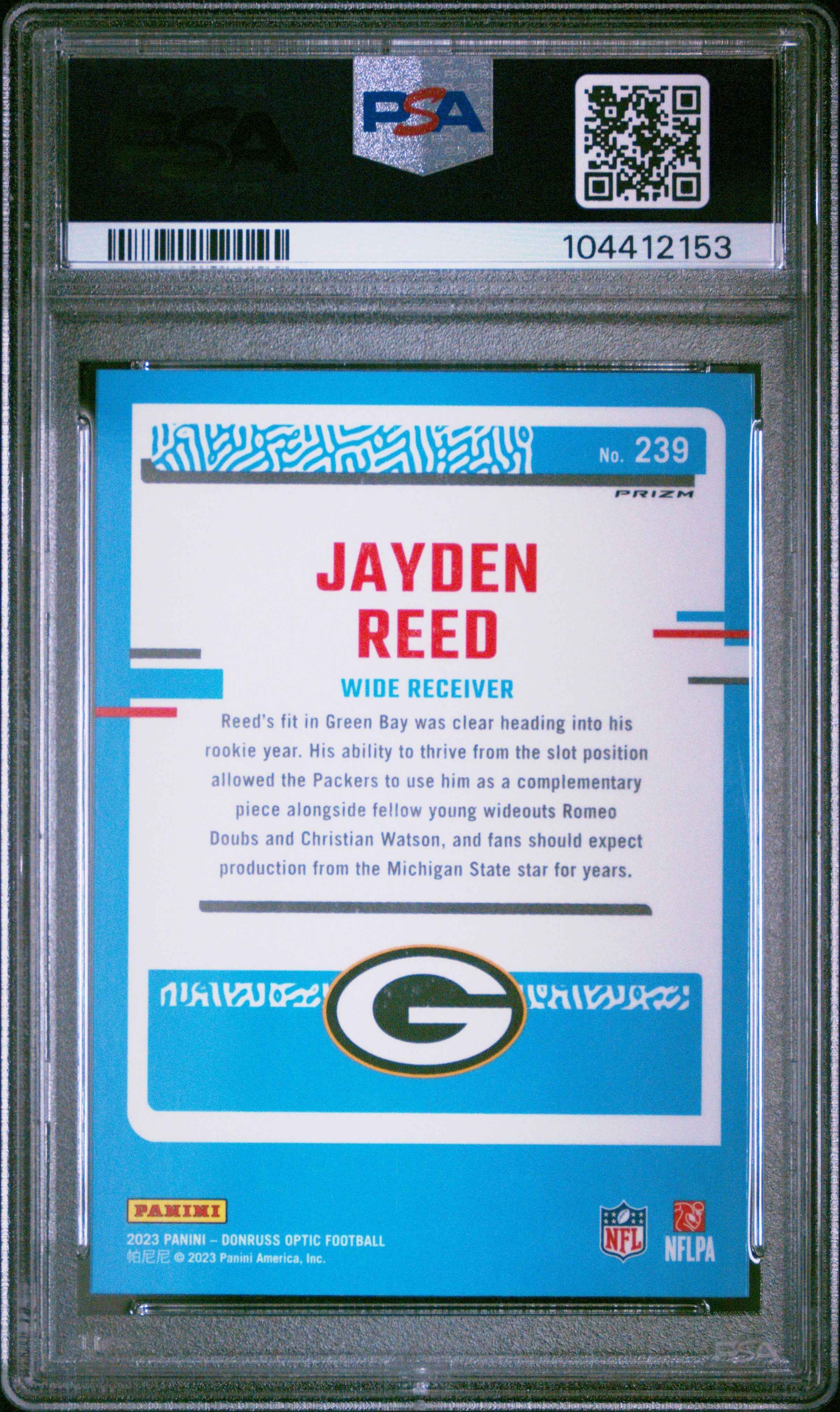Graded 2023 Panini Donruss Optic Jayden Reed #239 Blue Hyper Rookie RC Football Card PSA 10 Gem Mint