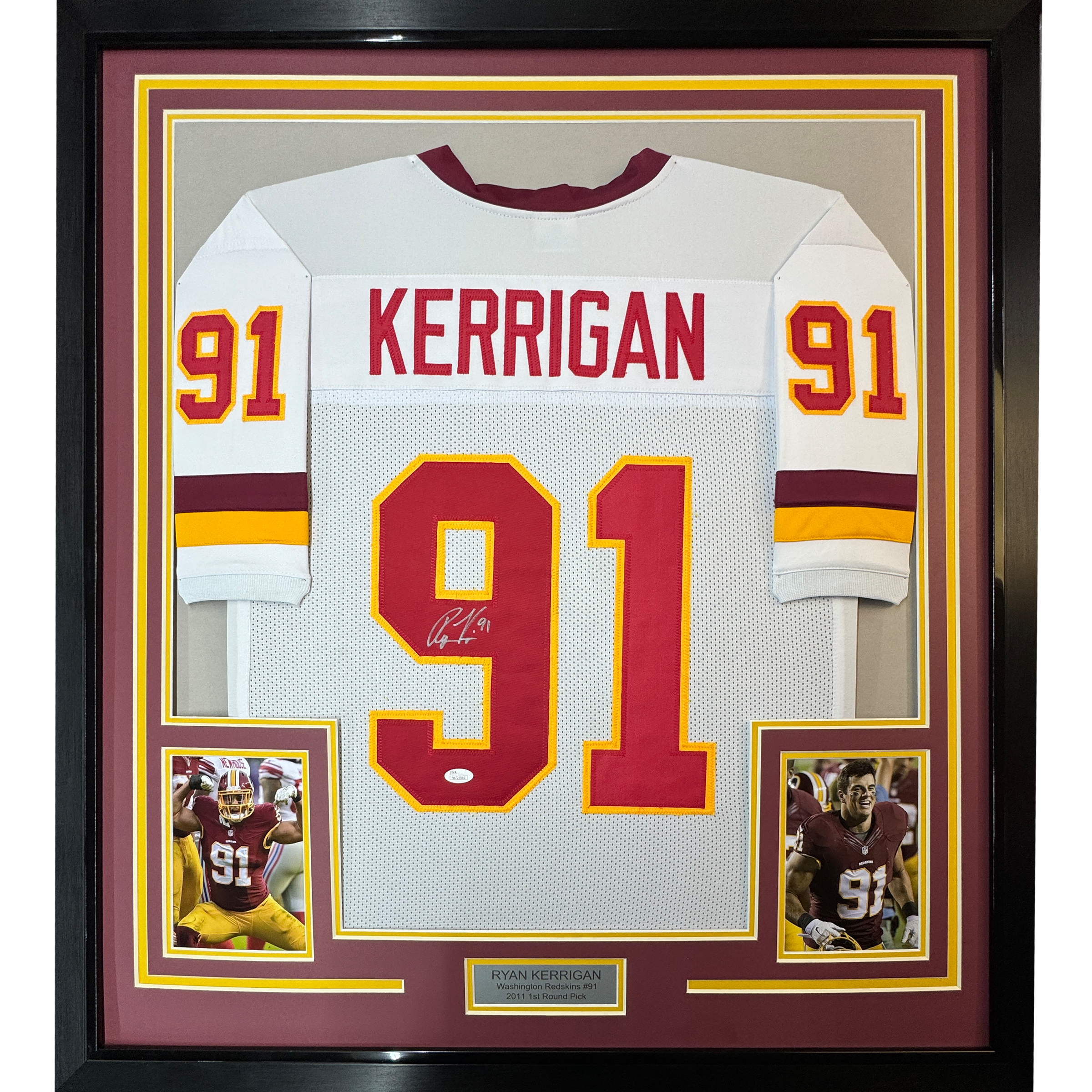 Framed Autographed/Signed Ryan Kerrigan 35x39 Washington White Football Jersey JSA COA