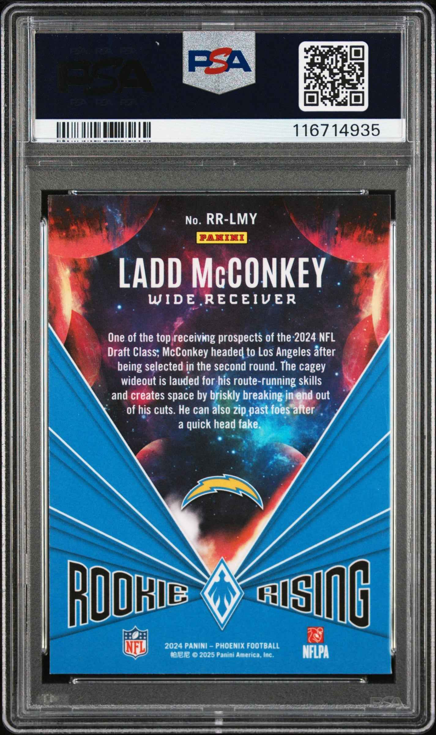 Graded 2024 Panini Phoenix Ladd McConkey #RRLMY Rookie Rising Pandora Rookie RC Football Card PSA 10 Gem Mint