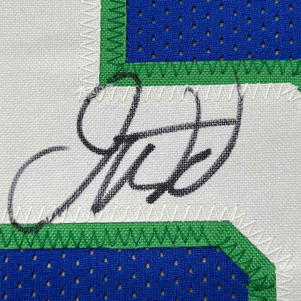 Framed Autographed/Signed Jason Kidd 35x39 Dallas Retro Blue Basketball Jersey Beckett BAS COA