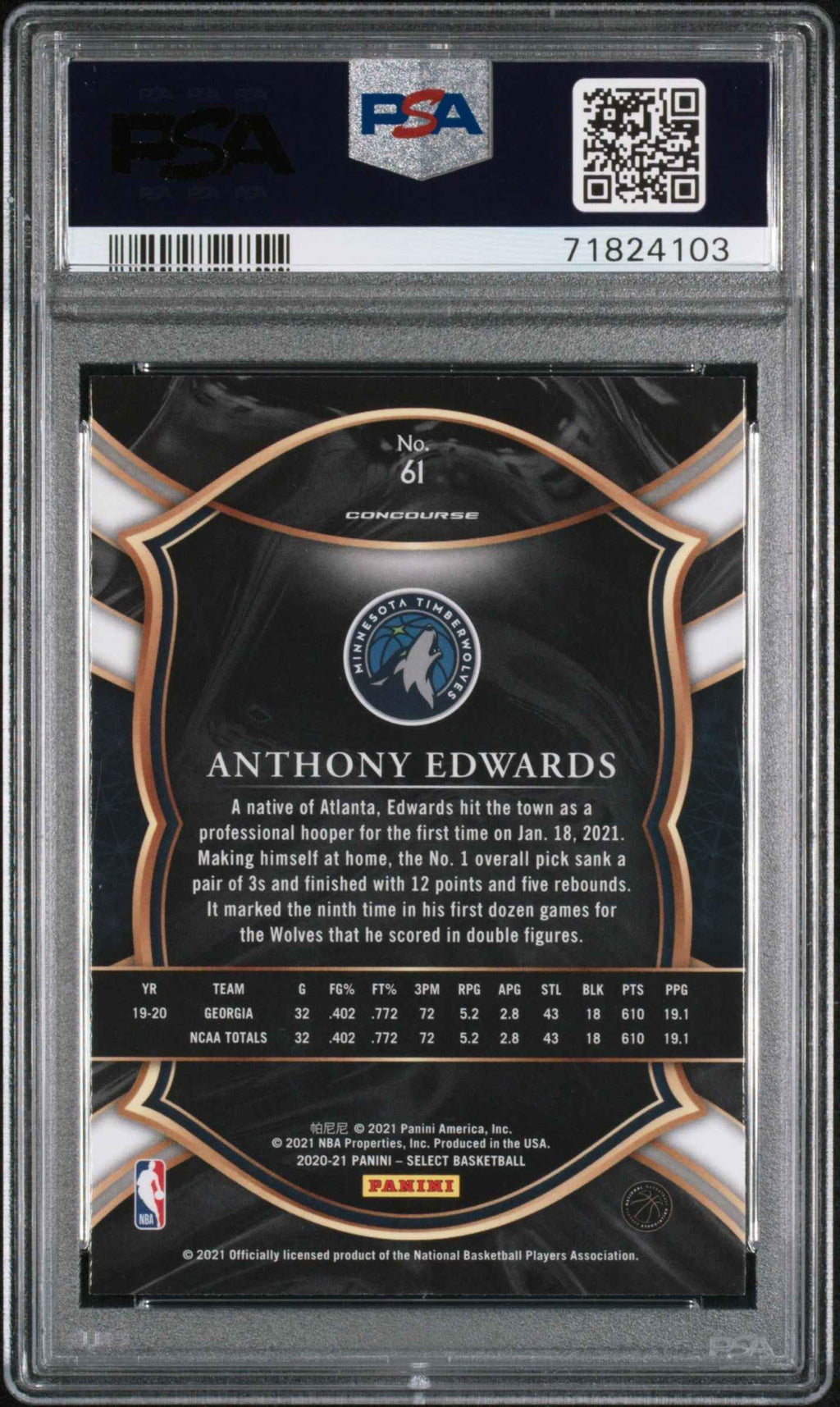 Graded 2020 Panini Select Anthony Edwards #61 Rookie RC Basketball Card PSA 10 Gem Mint