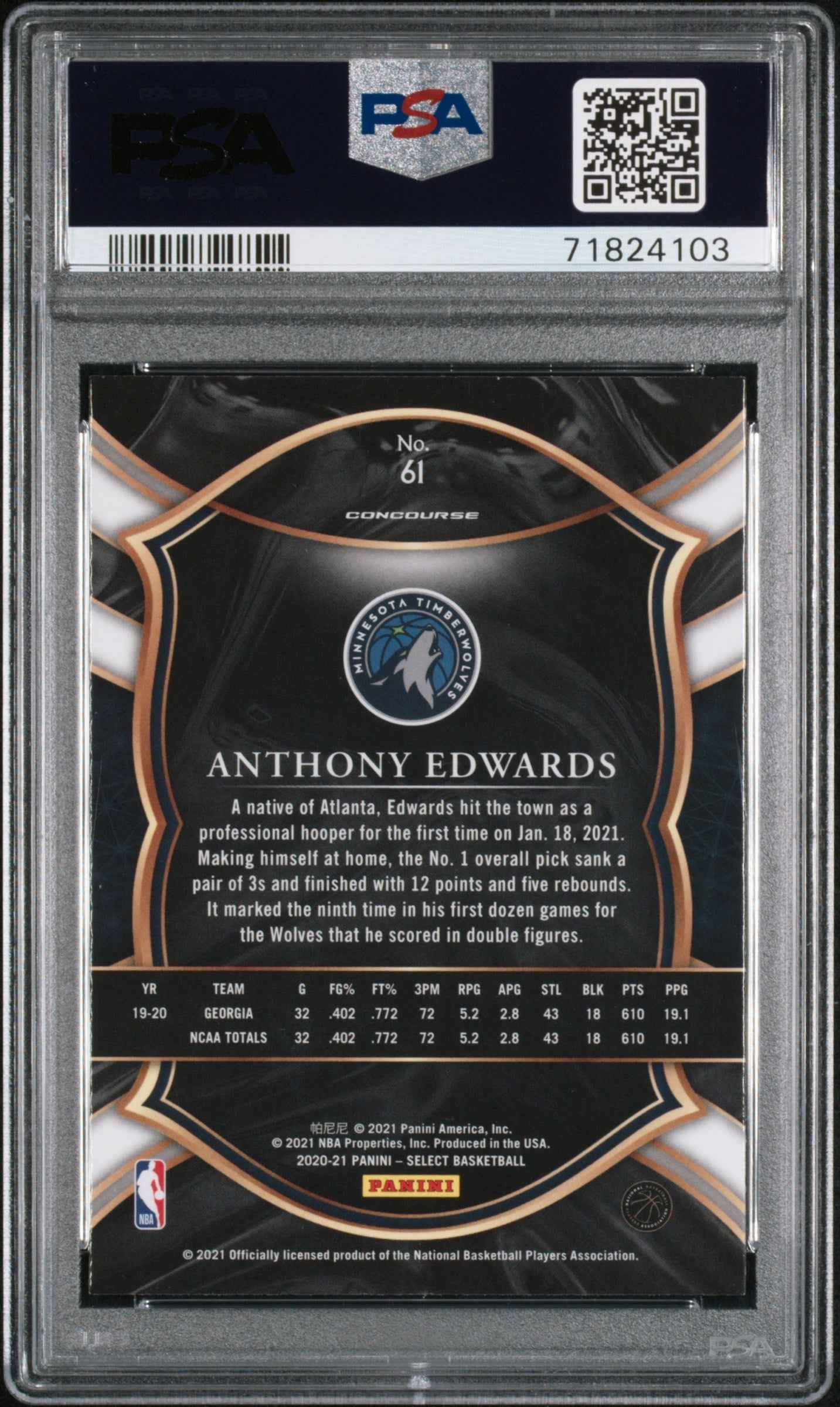 Graded 2020 Panini Select Anthony Edwards #61 Rookie RC Basketball Card PSA 10 Gem Mint