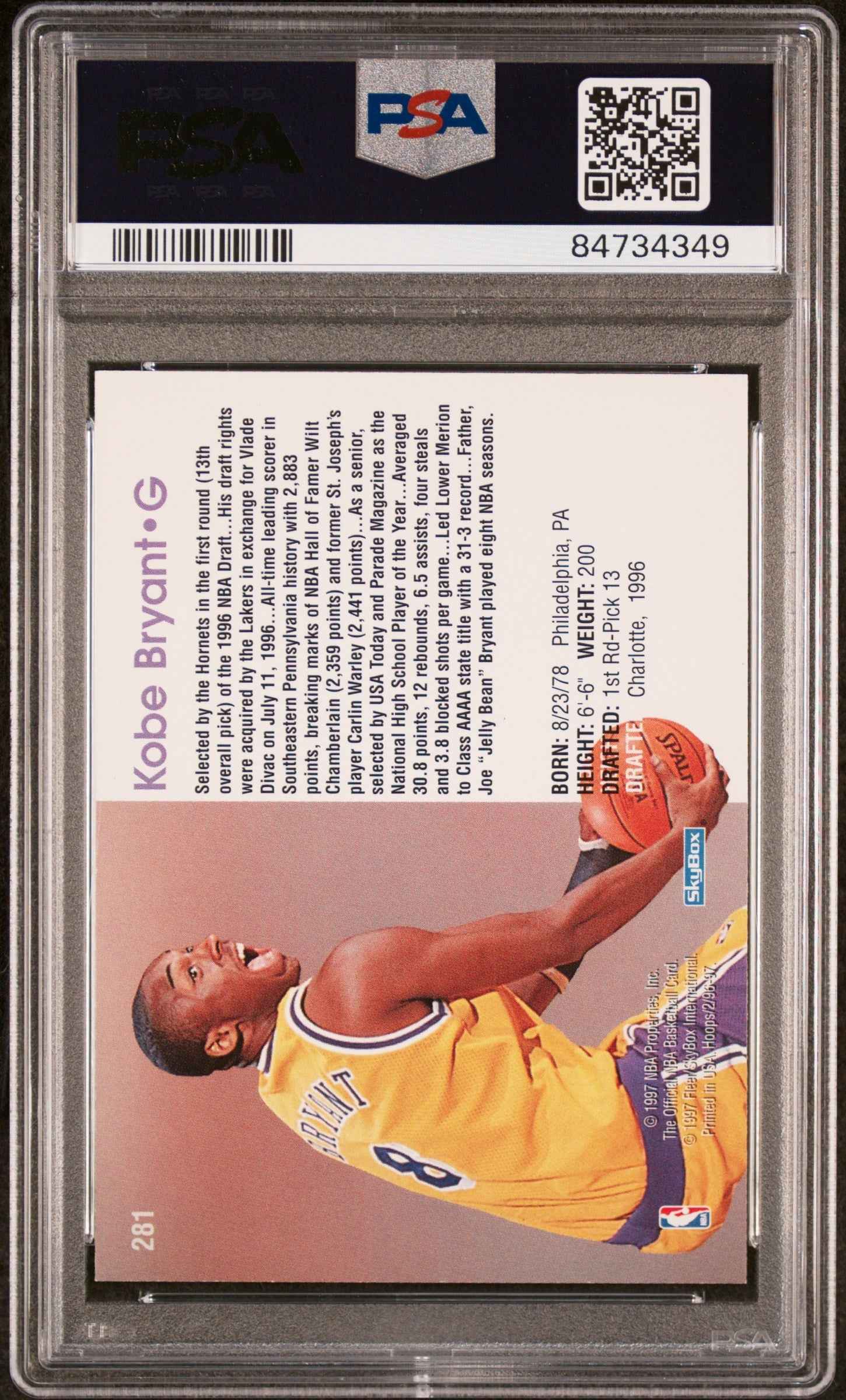 Graded 1996 Fleer Hoops Kobe Bryant #281 Rookie RC Basketball Card PSA 8 Near Mint