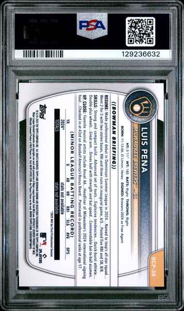Graded 2025 Topps Bowman Luis Pena #BCP38 Chrome Prospects Reptilian Refractor Rookie RC Baseball Card PSA 10 Gem Mint