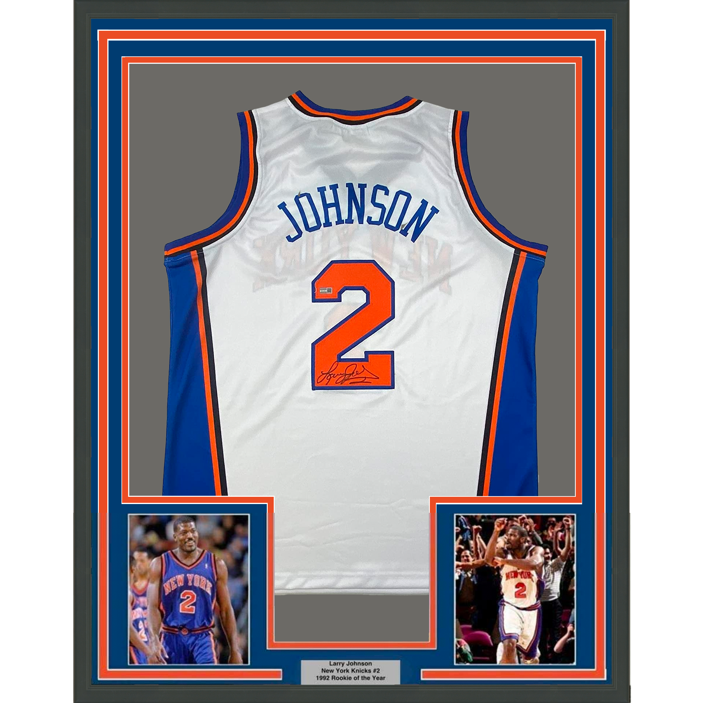 Framed Autographed/Signed Larry Johnson 35x39 New York White Basketball Jersey Steiner COA