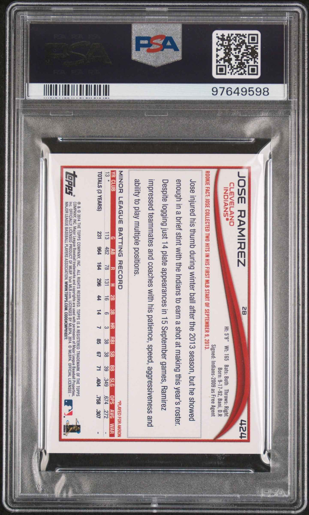 Graded 2014 Topps Mini Jose Ramirez #424 Rookie RC Baseball Card PSA 10 Gem Mint