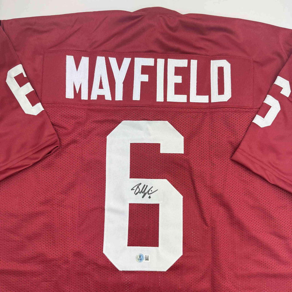 Autographed/Signed Baker Mayfield Oklahoma Crimson College Football Jersey Beckett BAS COA