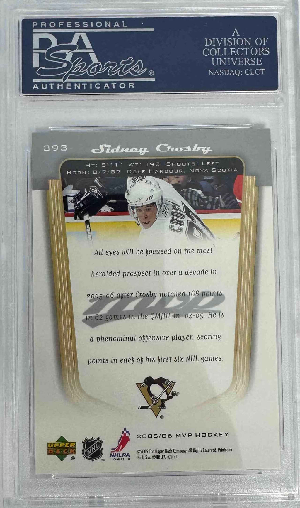 Graded 2005 Upper Deck MVP Sidney Crosby #393 Rookie RC Hockey Card PSA 10 Gem Mint