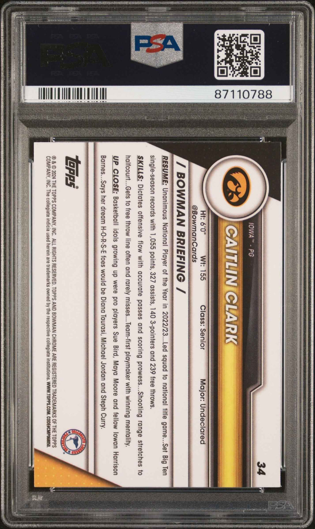 Graded 2023 Topps Bowman U Chrome Caitlin Clark #34 Pink Rookie RC Basketball Card PSA 10 Gem Mint