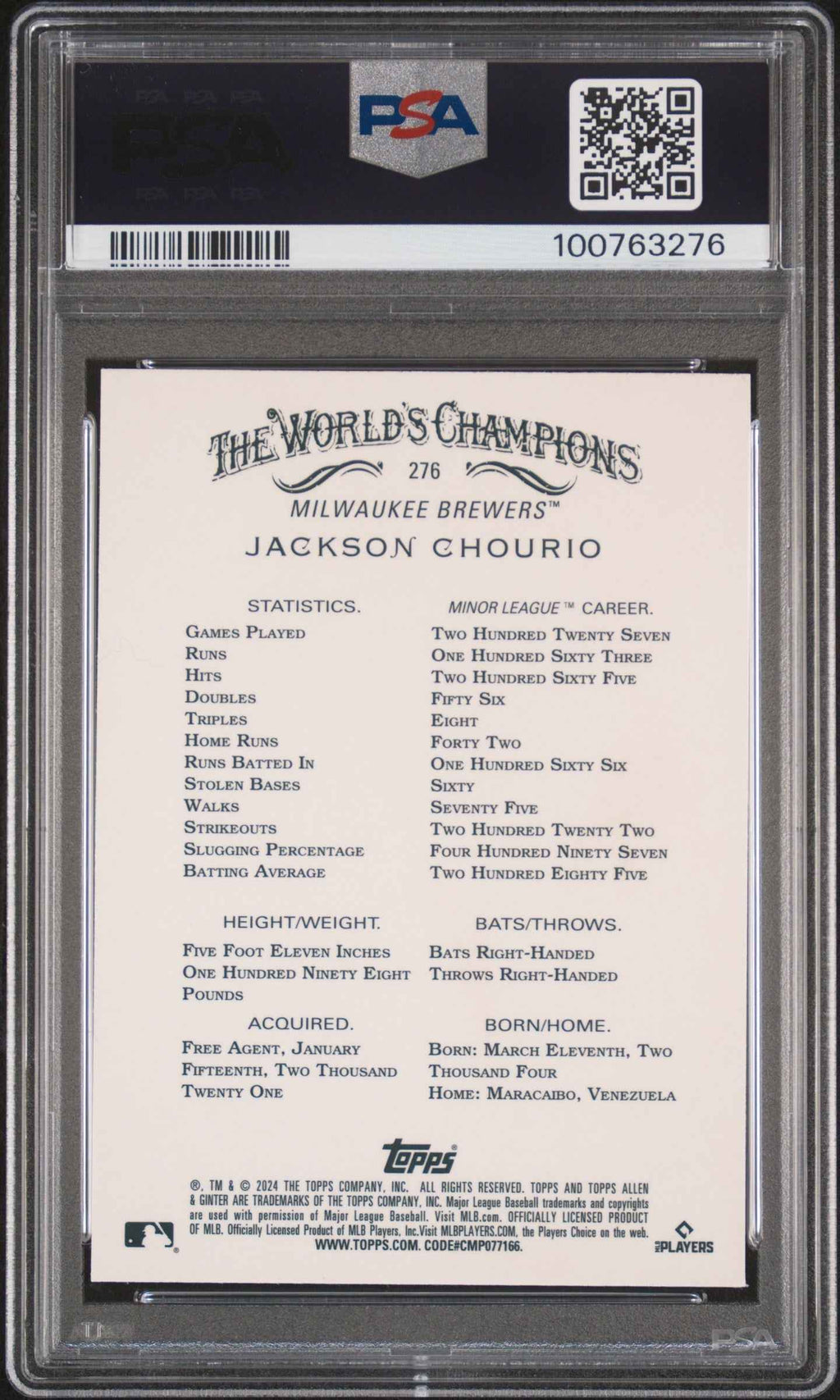Graded 2024 Topps Allen & Ginter Jackson Chourio #276 Chrome Rookie RC Baseball Card PSA 10 Gem Mint