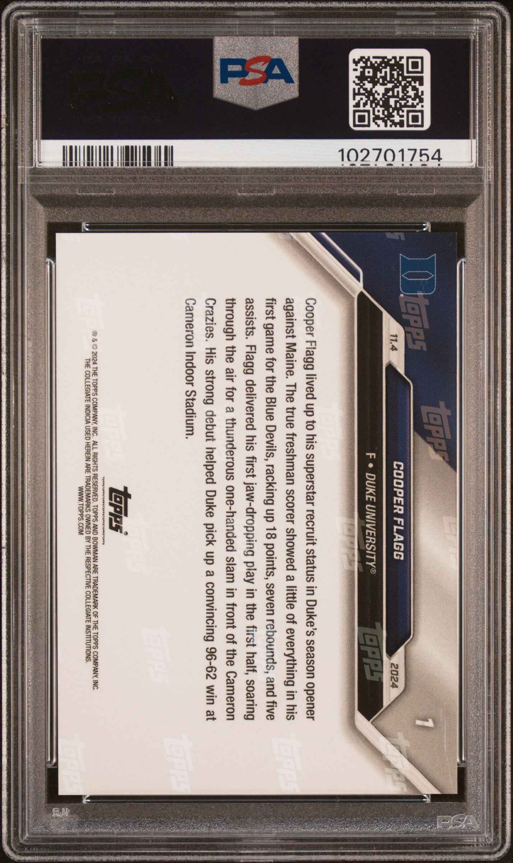 Graded 2024 Topps Bowman U Now Cooper Flagg #1 NCAA Debut Rookie RC Basketball Card PSA 8 Near Mint