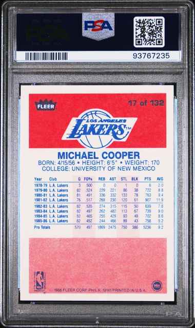 Graded 1986 Fleer Michael Cooper #17 Basketball Card PSA 9 Mint