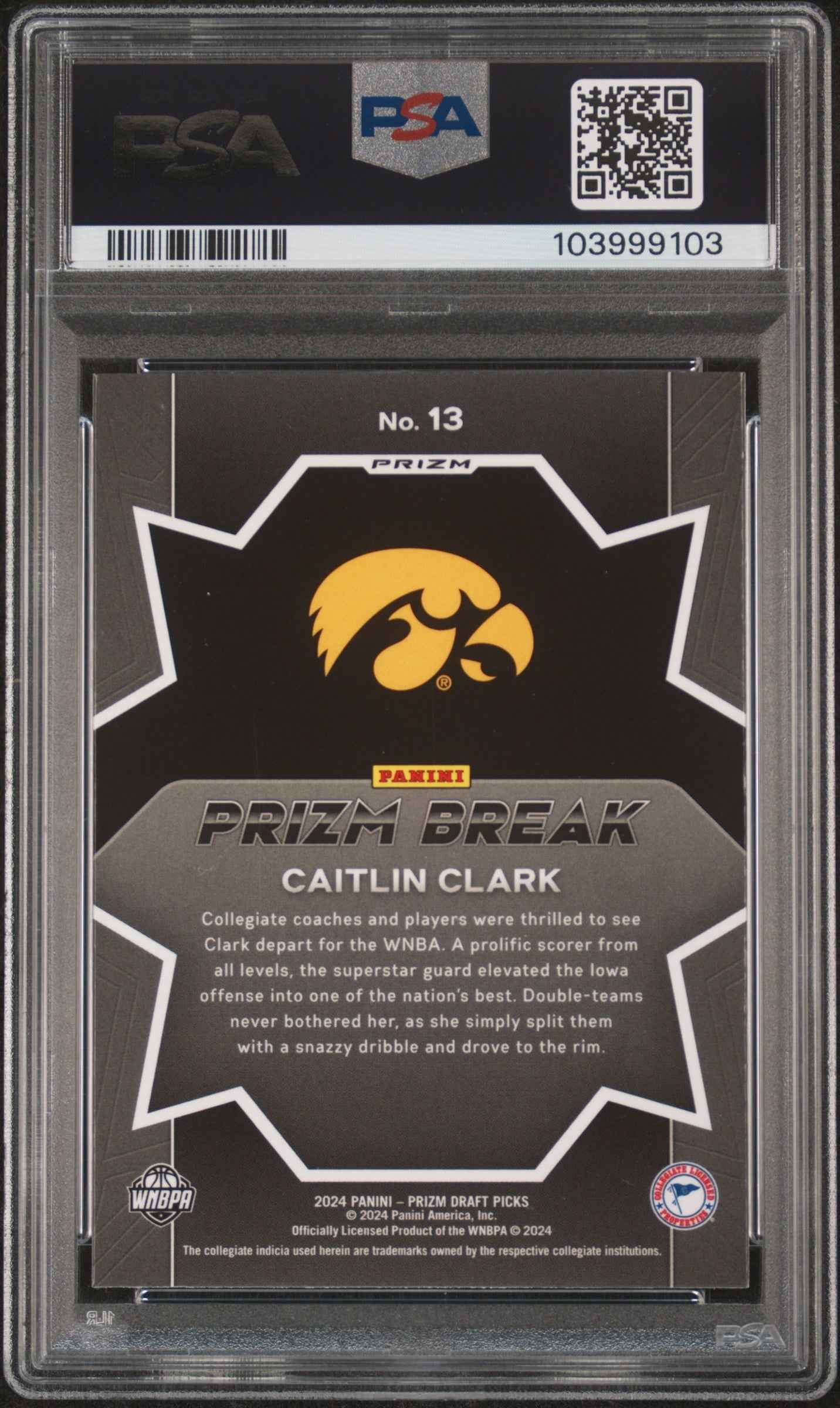 Graded 2024 Panini Prizm Draft Picks Caitlin Clark #13 Prizm Break Silver Prizm Rookie RC Basketball Card PSA 10 Gem Mint