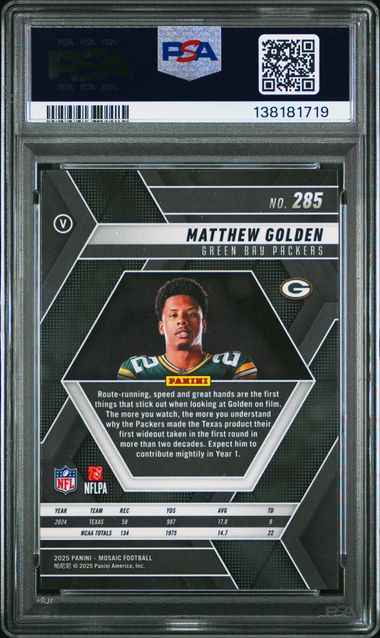 Graded 2025 Panini Mosaic Matthew Golden #285 Rookie RC Football Card PSA 10 Gem Mint