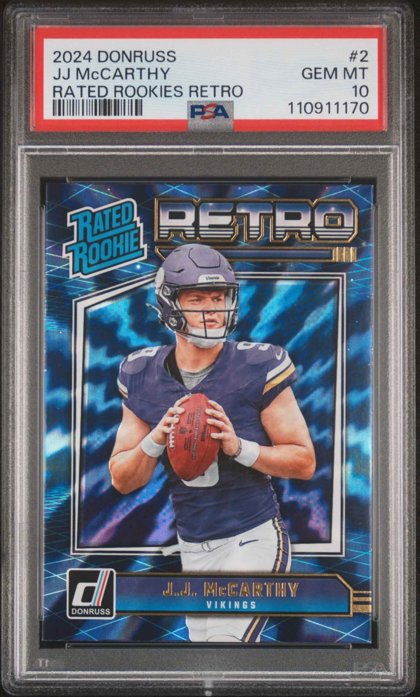 Graded 2024 Panini Donruss JJ McCarthy #2 Rated Rookies Retro Rookie RC Football Card PSA 10 Gem Mint