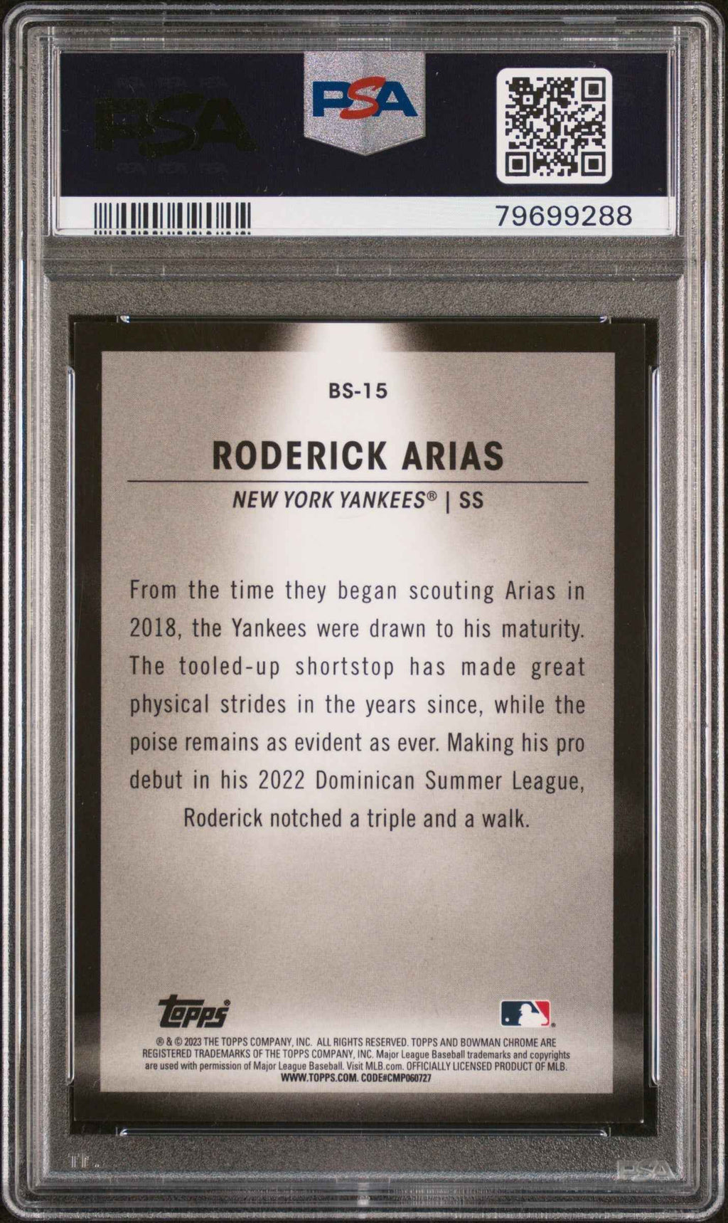Graded 2023 Topps Bowman Roderick Arias #BS15 Spotlights Aqua Refractor /125 Rookie RC Baseball Card PSA 10 Gem Mint