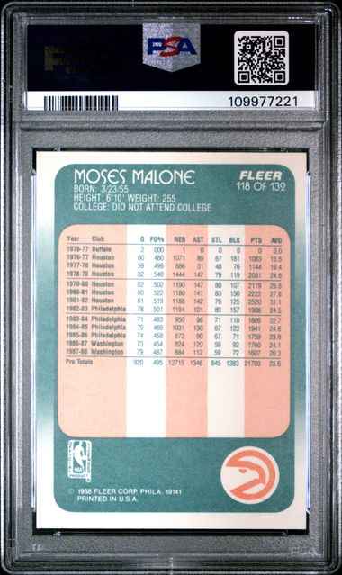 Graded 1988 Fleer Moses Malone #118 Basketball Card PSA 8 NM-MT