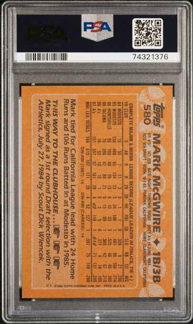 Graded 1988 Topps Mark McGwire #580 2nd Year Rookie Cup Baseball Card PSA 8 NM-MT