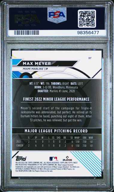 Graded 2023 Topps Finest Max Meyer #37 /125 Green Speckle Rookie RC Baseball Card PSA 10 Gem Mint