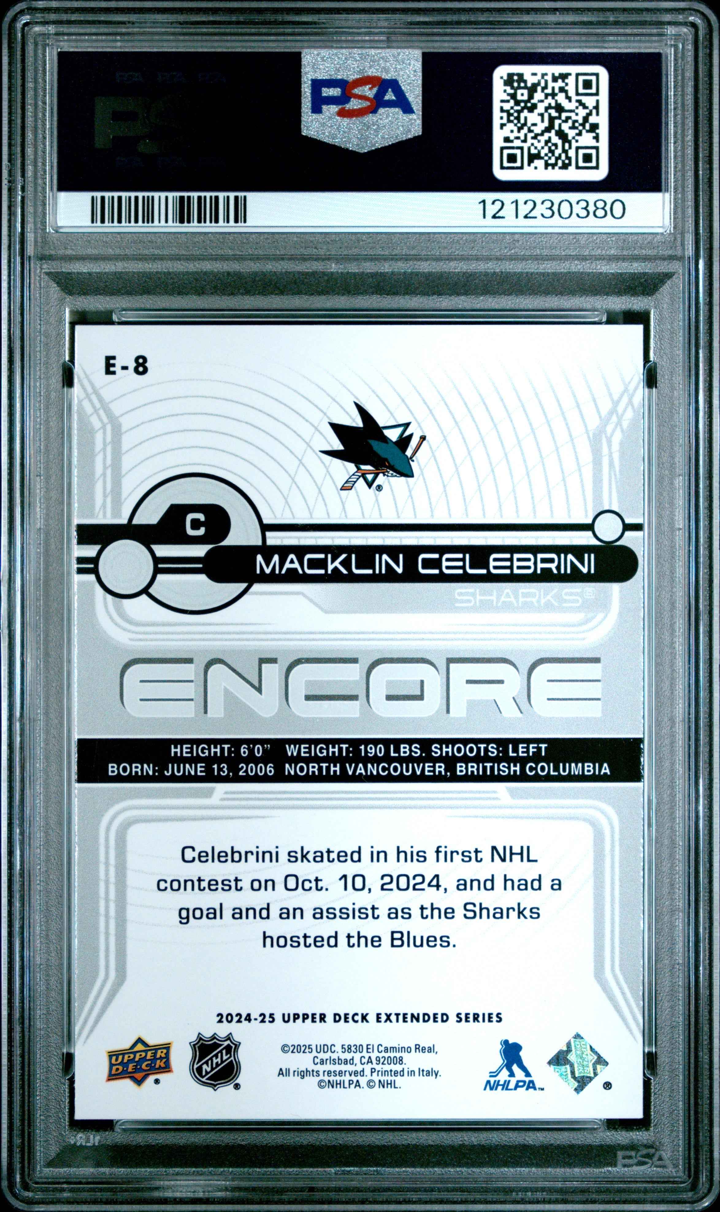 Graded 2024 Upper Deck Macklin Celebrini #E8 Encore Rookie RC Hockey Card PSA 10 Gem Mint