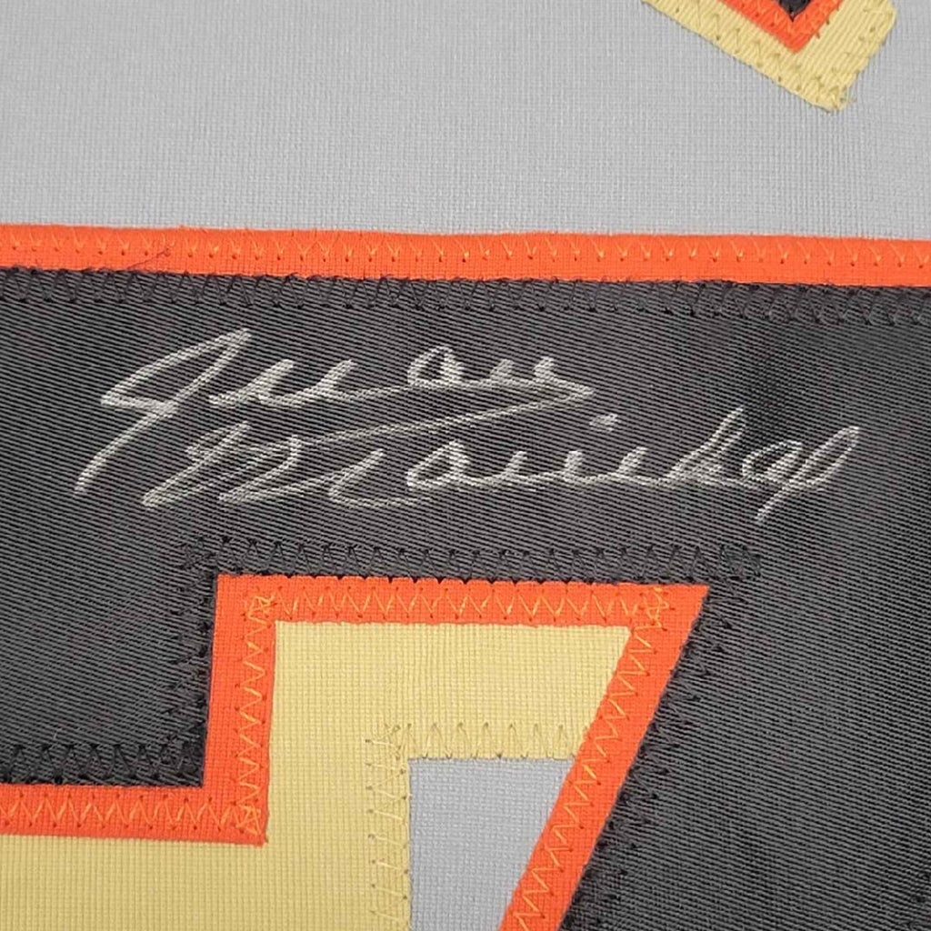 Framed Autographed/Signed Juan Marichal 35x39 San Francisco Grey Baseball Jersey JSA COA