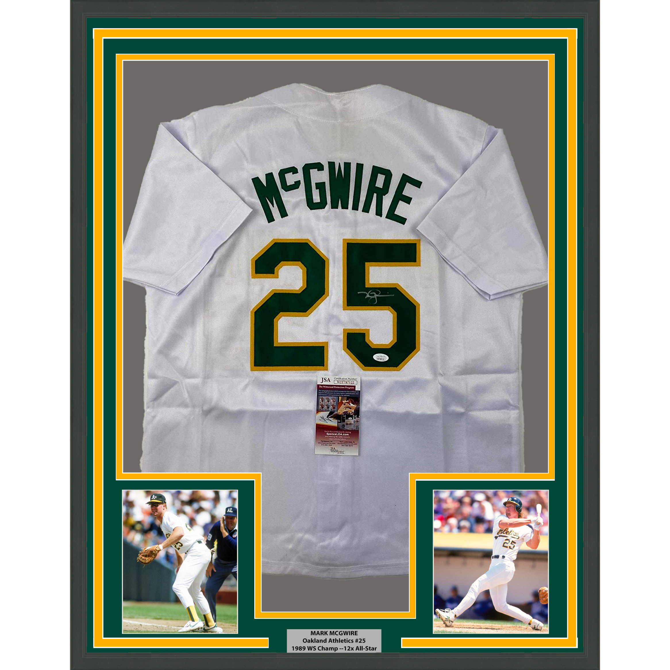 Framed Autographed/Signed Mark McGwire 35x39 Oakland White Baseball Jersey JSA COA