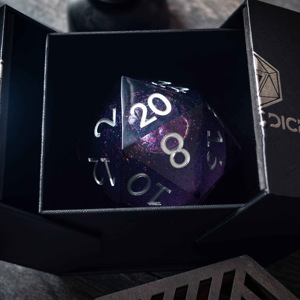 Massive Black Rainbow Glitter Liquid Core 95MM Chonk Handmade Resin Dice And Box