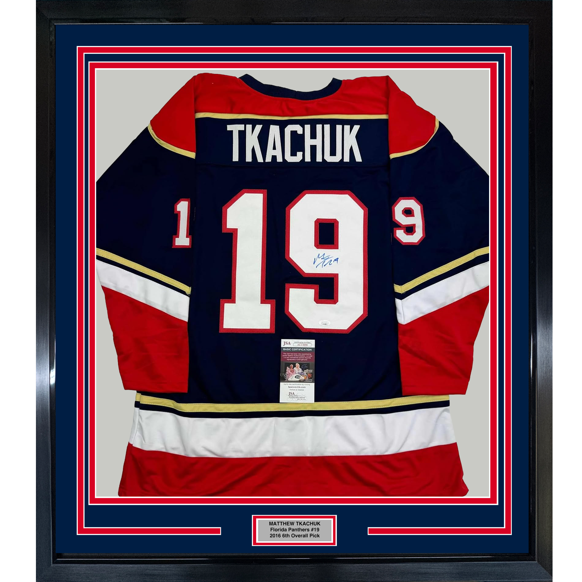 Framed Autographed/Signed Matthew Tkachuk 35x39 Florida Blue Hockey Jersey JSA COA