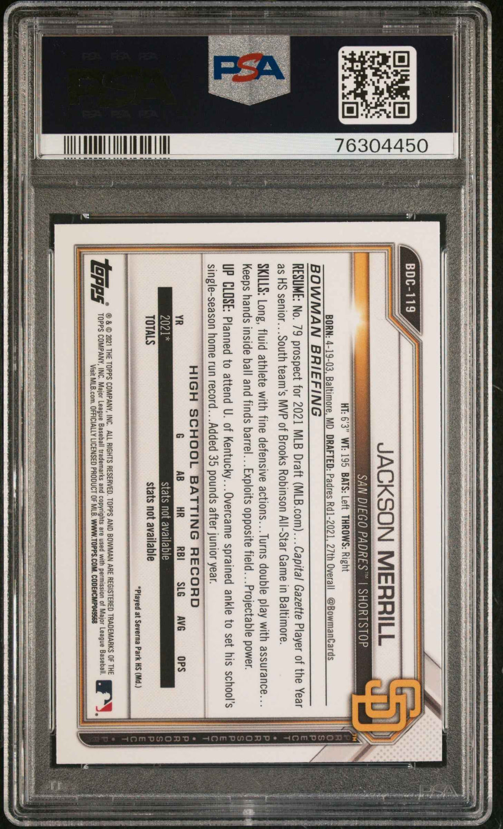 Graded 2021 Topps Bowman Draft Jackson Merrill #BDC119 Chrome Rookie RC Baseball Card PSA 10 Gem Mint