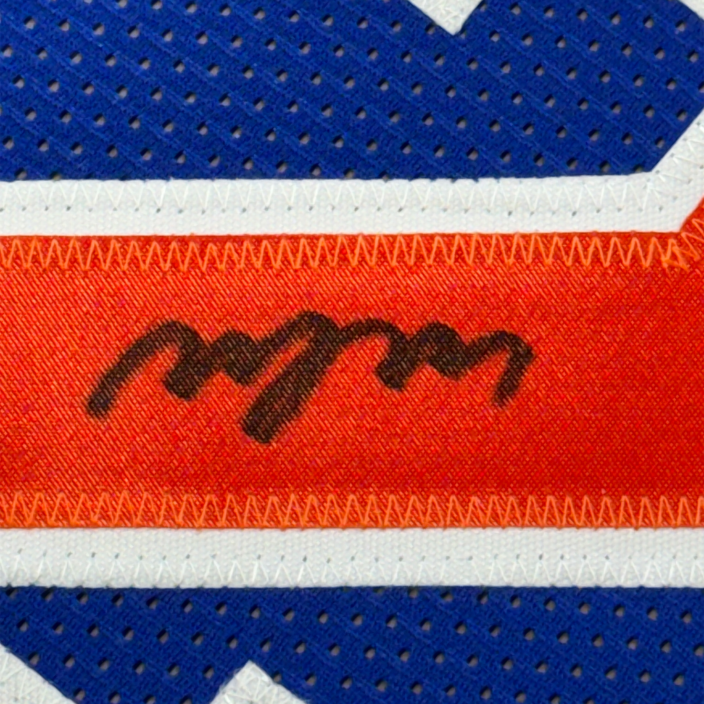 Framed Autographed/Signed Miles Deuce McBride 35x39 New York Blue Basketball Jersey JSA COA