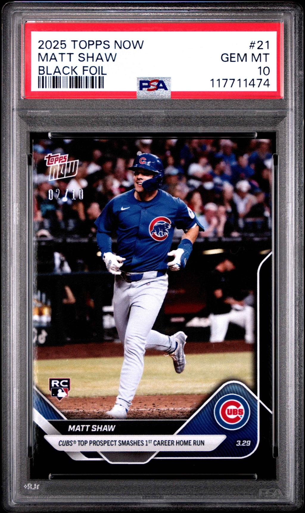 Graded 2025 Topps Now Matt Shaw #21 Black Foil /10 Rookie RC Baseball Card PSA 10 Gem Mint