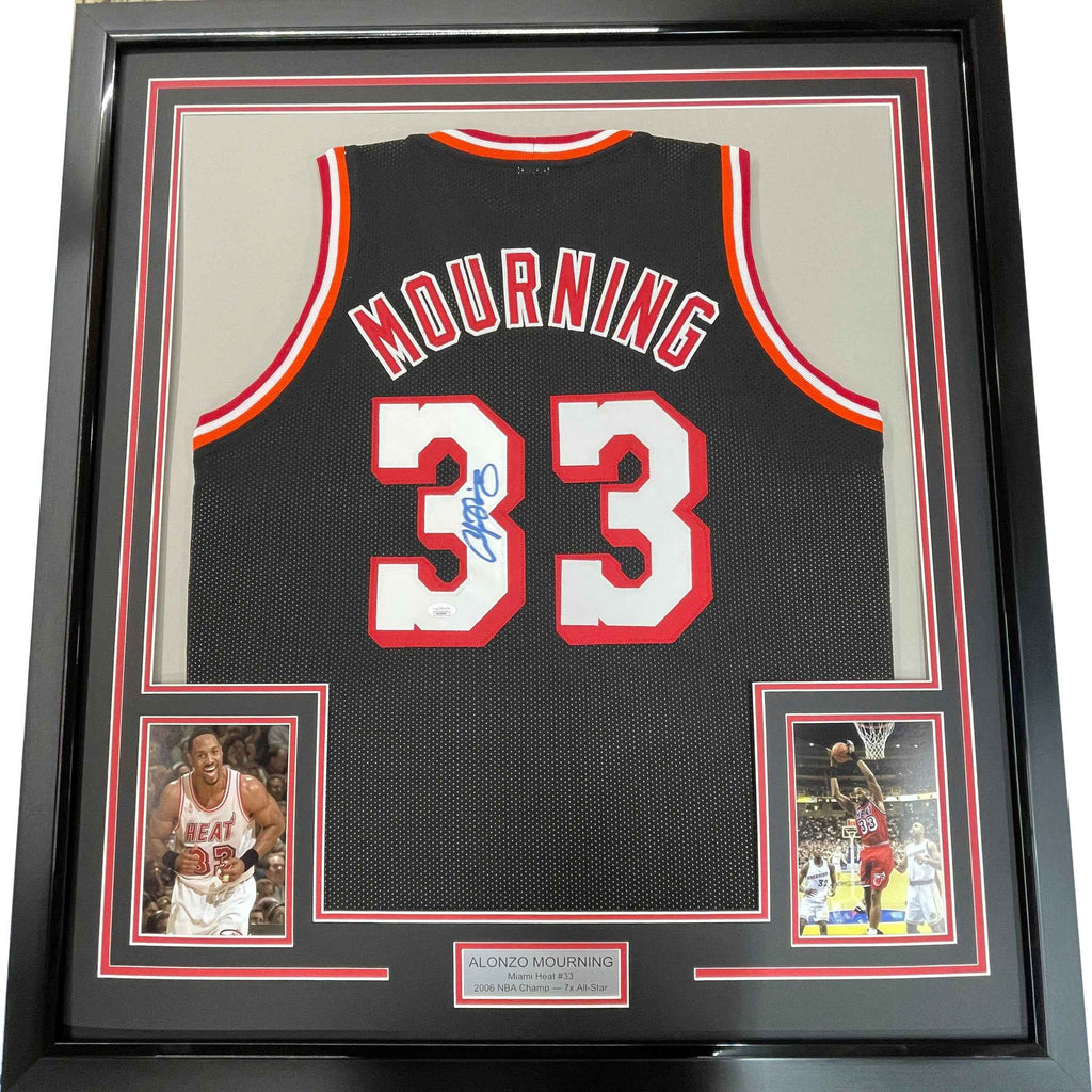 Framed Autographed/Signed Alonzo Mourning 35x39 Miami Black Basketball Jersey JSA COA