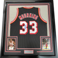 Framed Autographed/Signed Alonzo Mourning 35x39 Miami Black Basketball Jersey JSA COA