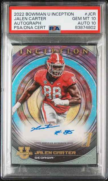 Graded 2022 Topps Bowman U Inception Jalen Carter #JCR Rookie RC Football Card PSA 10 Auto/Card Grade Gem Mint
