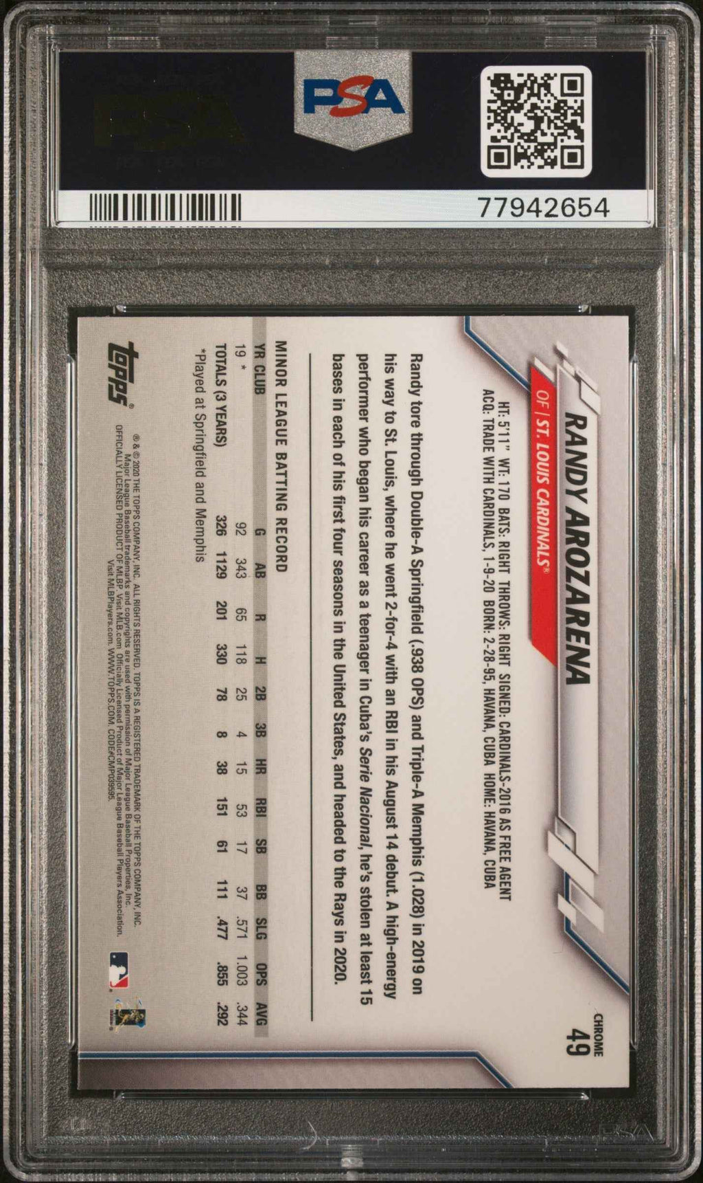 Graded 2020 Topps Chrome Randy Arozarena #49 Rookie RC Baseball Card PSA 10 Gem Mint
