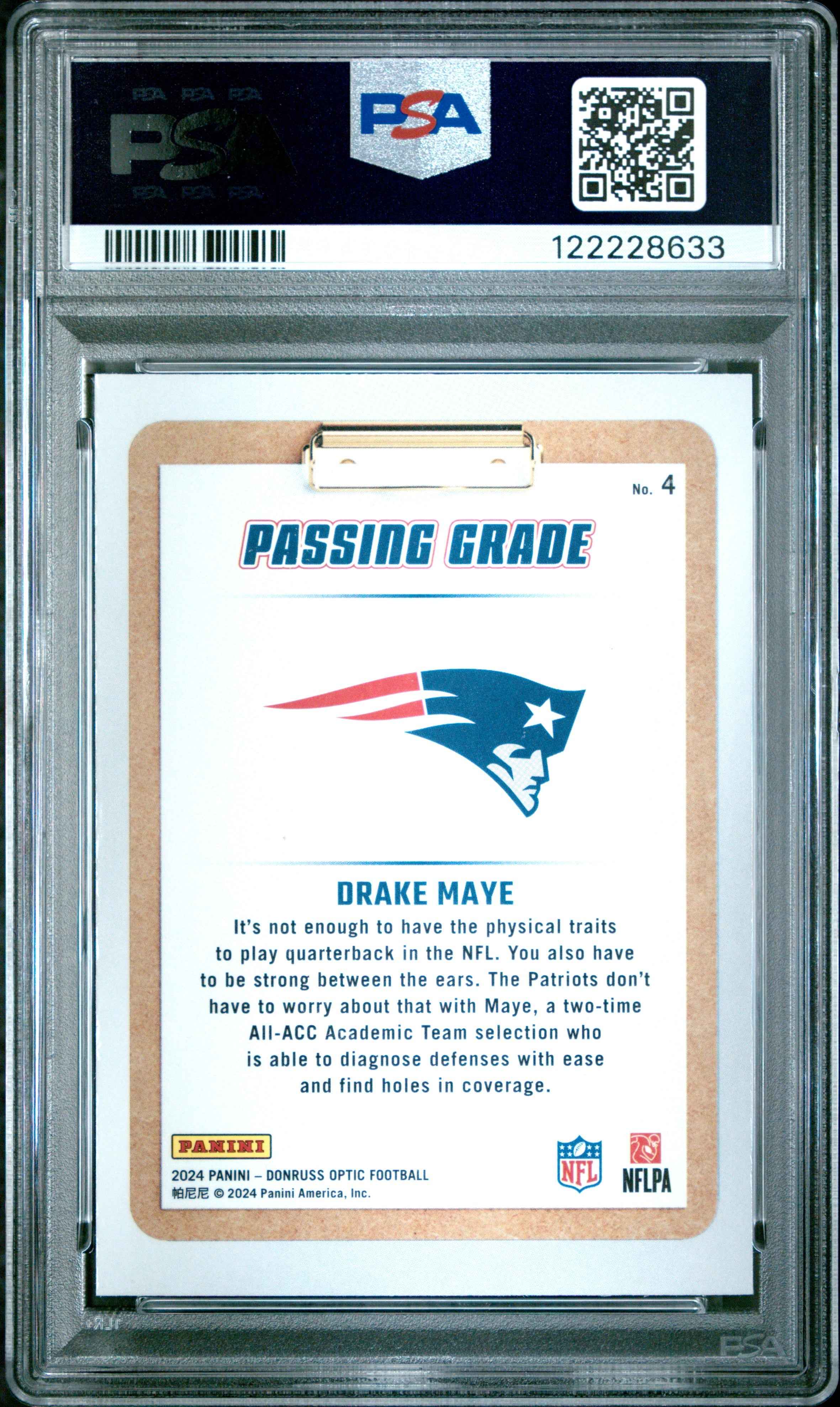 Graded 2024 Panini Donruss Optic Drake Maye #4 Passing Grade Rookie RC Football Card PSA 9 Mint