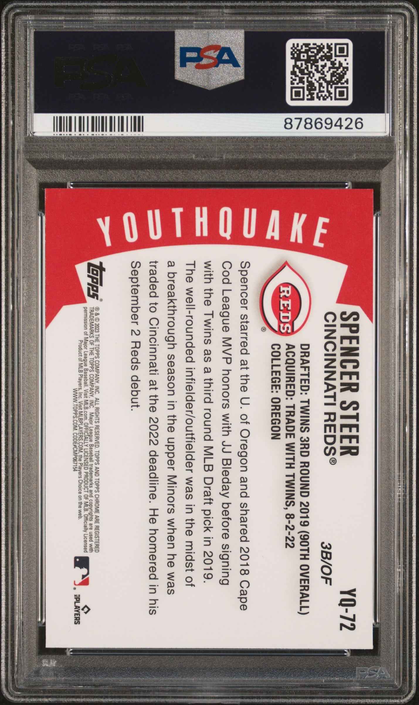 Graded 2023 Topps Chrome Spencer Steer #YQ72 Youthquake Rookie RC Baseball Card PSA 10 Gem Mint