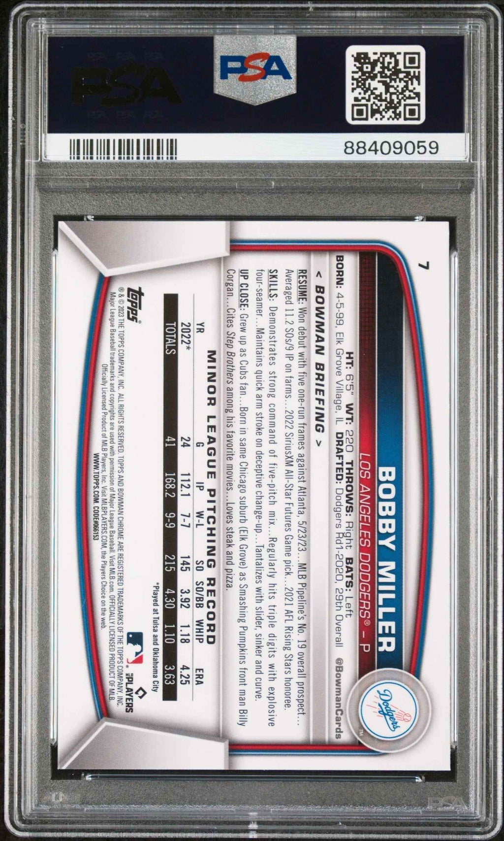 Graded 2023 Topps Bowman Chrome Sapphire Edition Bobby Miller #7 Rookie RC Baseball Card PSA 10 Gem Mint
