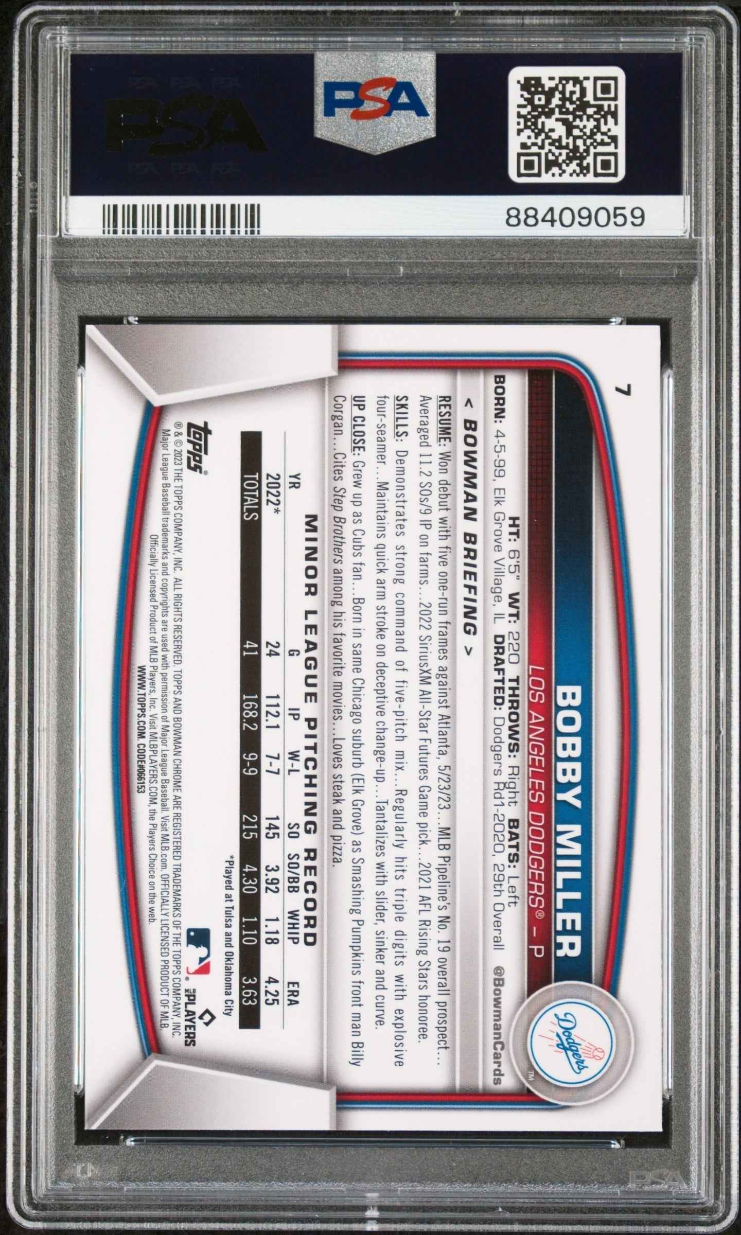 Graded 2023 Topps Bowman Chrome Sapphire Edition Bobby Miller #7 Rookie RC Baseball Card PSA 10 Gem Mint