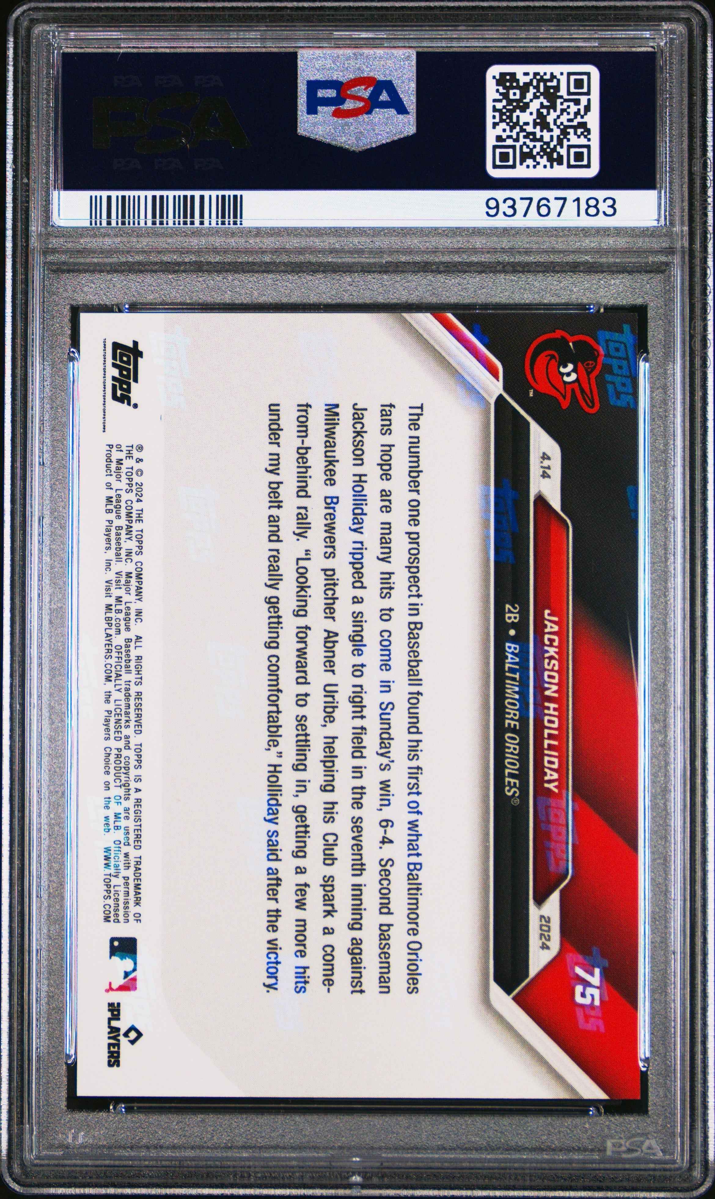 Graded 2024 Topps Now Jackson Holliday #75 1st Career Hit Rookie RC Baseball Card PSA 10 Gem Mint