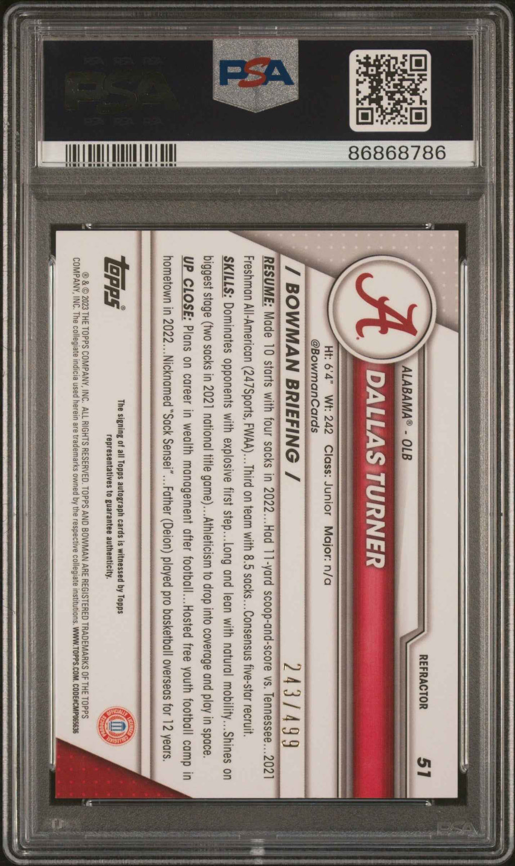 Graded 2023 Topps Bowman U Chrome Dallas Turner #51 Auto Refractor /499 Rookie RC Football Card PSA 10