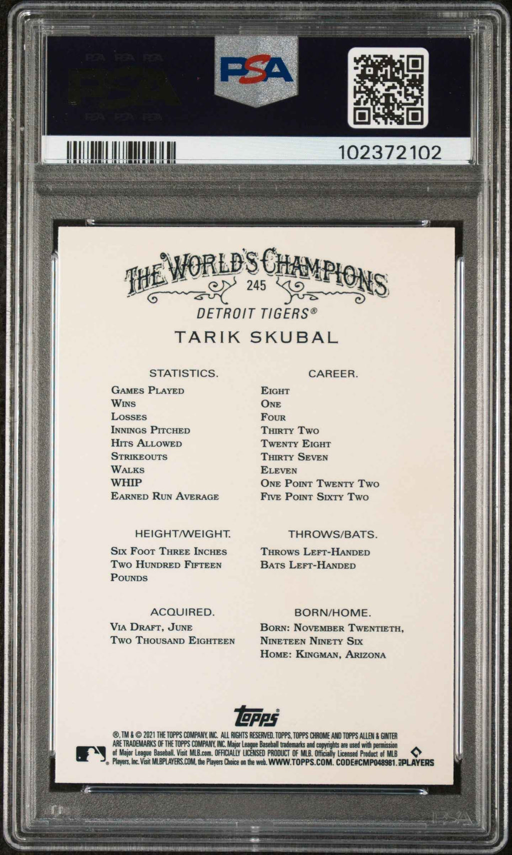 Graded 2021 Topps Allen & Ginter Chrome Tarik Skubal #245 Rookie RC Baseball Card PSA 10 Gem Mint