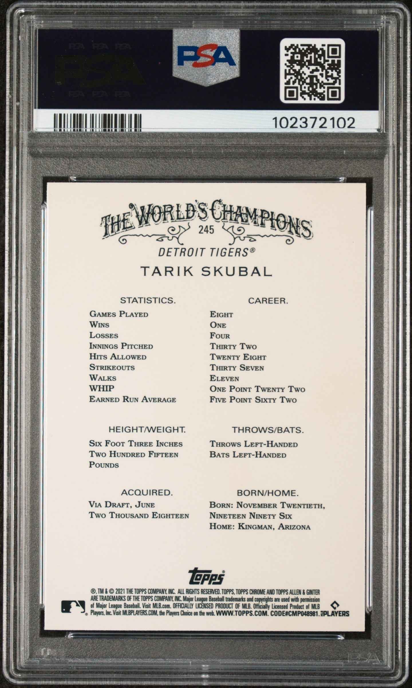 Graded 2021 Topps Allen & Ginter Chrome Tarik Skubal #245 Rookie RC Baseball Card PSA 10 Gem Mint