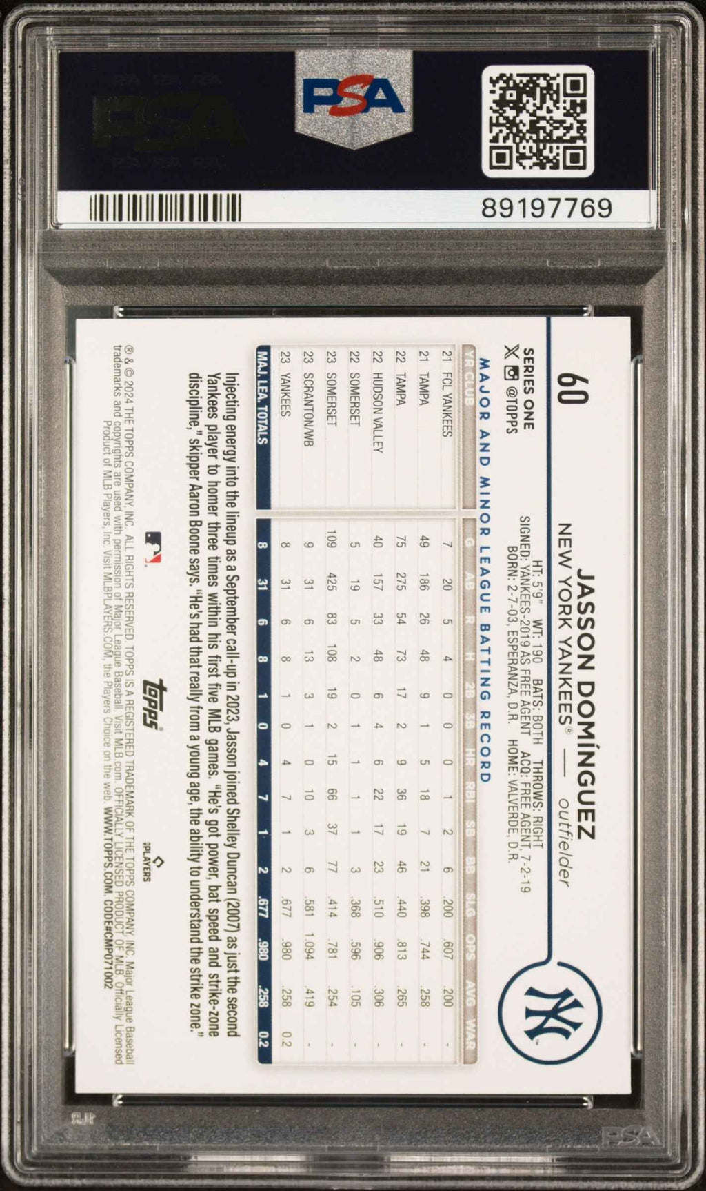 Graded 2024 Topps Jasson Dominguez #60 Rookie RC Baseball Card PSA 9 Mint
