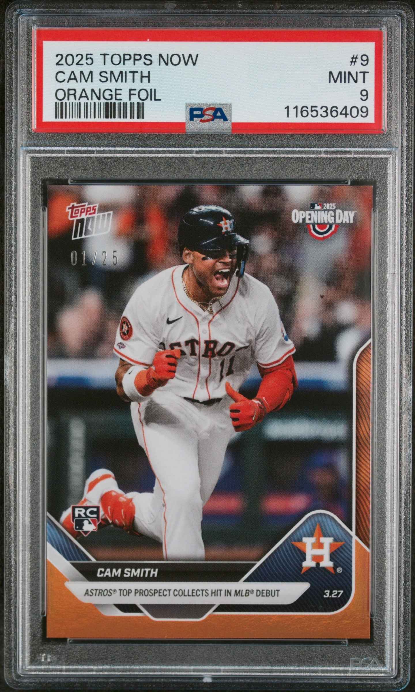Graded 2025 Topps Now Cam Smith #9 Orange Foil /25 Rookie RC Baseball Card PSA 9 Mint