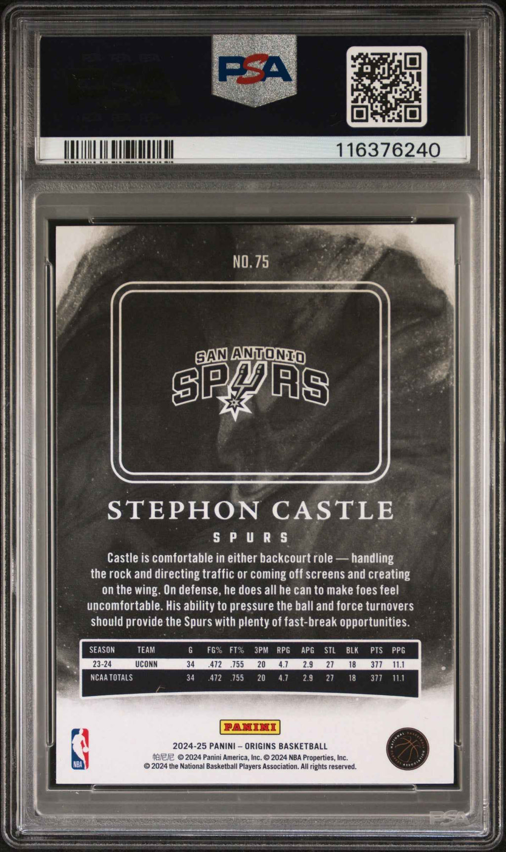 Graded 2024 Panini Origins Stephon Castle #75 Rookie RC Basketball Card PSA 10 Gem Mint