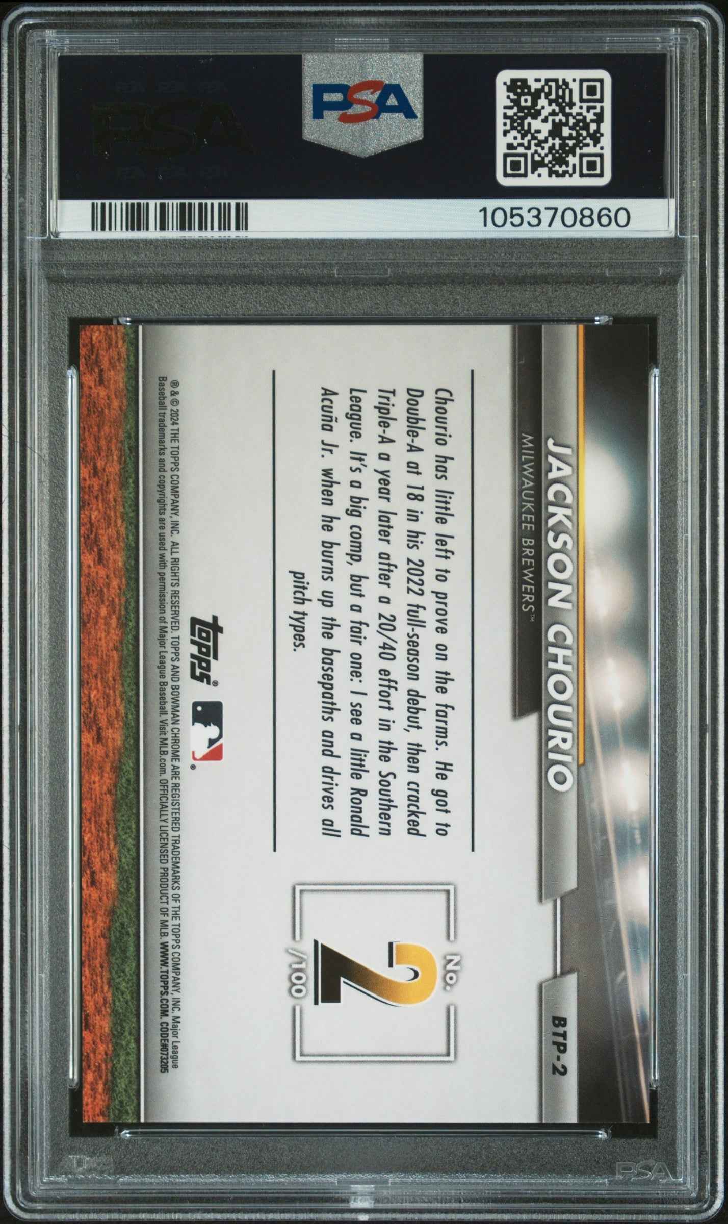 Graded 2024 Topps Bowman Jackson Chourio #BTP2 Scouts Top 100 Aqua Refractor #/125 Rookie RC Baseball Card PSA 10 Gem Mint