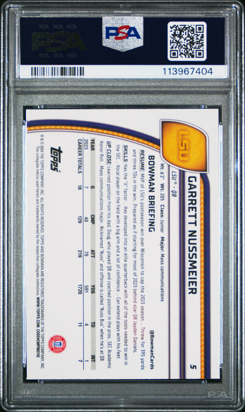Graded 2024 Topps Bowman U Chrome Garrett Nussmeier #5 Rookie RC Football Card PSA 10 Gem Mint