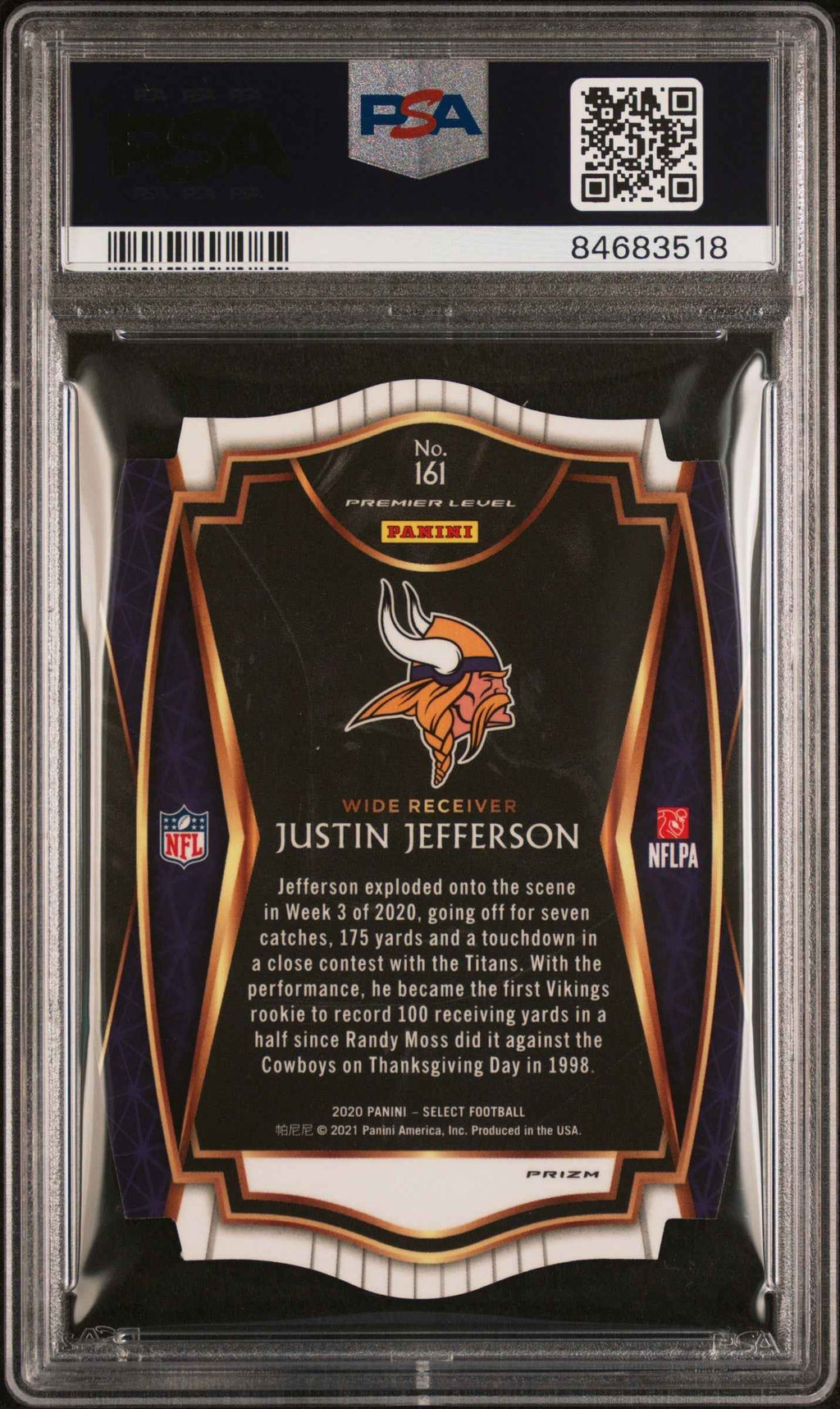 Graded 2020 Panini Select Justin Jefferson #161 Die Cut White Prizm Rookie RC Football Card PSA 10 Gem Mint